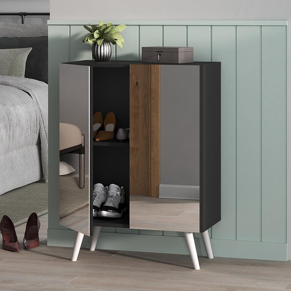 Sapateira 2 Portas Retrô Com Espelho Nina Preta/branca - 7