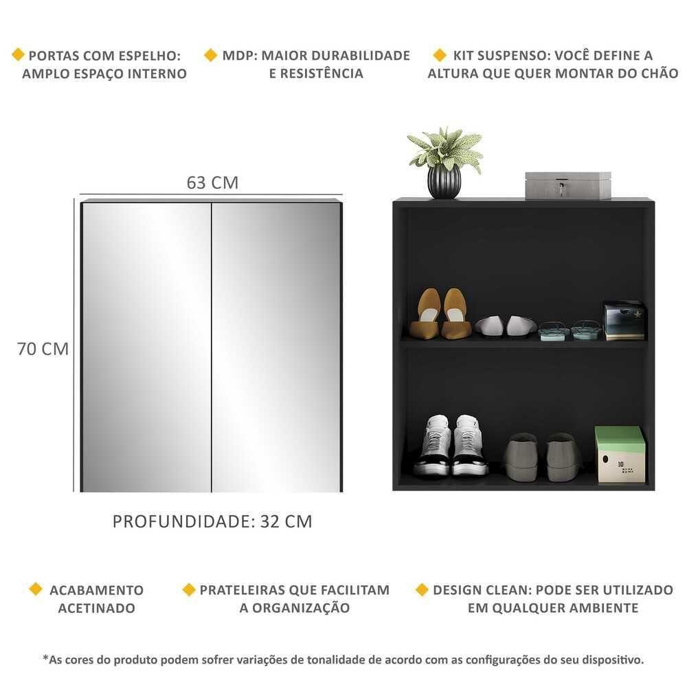 Sapateira 2 Portas Suspensa Com Espelho Nina Preta - 5