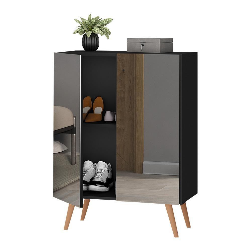 Sapateira 2 Portas Retrô Com Espelho Nina Preta/natural - 2