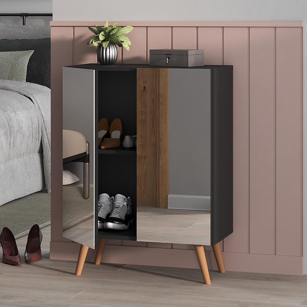 Sapateira 2 Portas Retrô Com Espelho Nina Preta/natural - 5