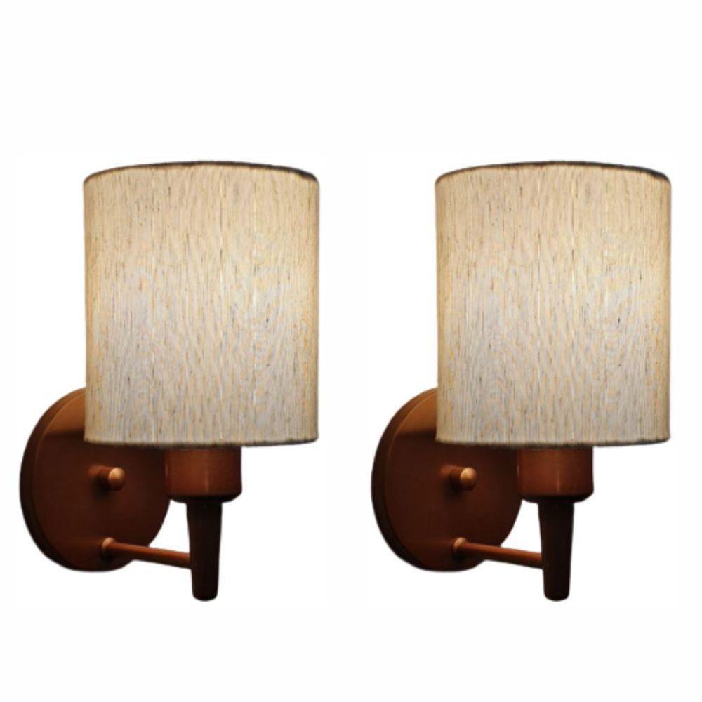 Kit-2 Arandela Cilíndrica Md-2009 Base Cobre Cúpula Em Tecido 14x15cm Linho Bege - Bivolt - 1