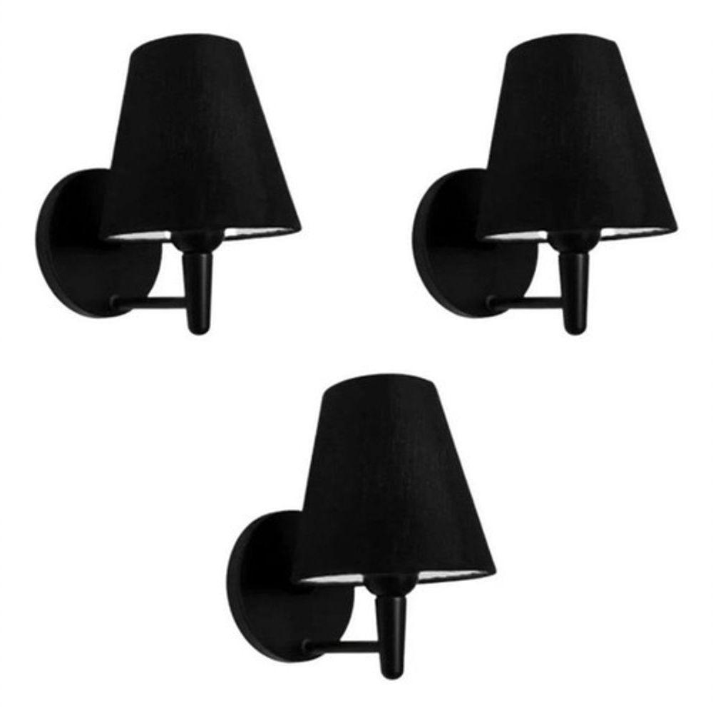 Kit-3 Arandela Cone Md-2004 Base Preto Cúpula Em Tecido 14-14x07cm Preto - Bivolt - 4