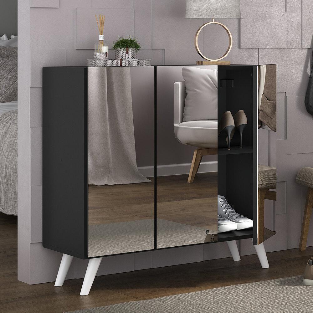 Sapateira Retrô Com Espelho 3 Portas Mp6022 Preta Branca - 1