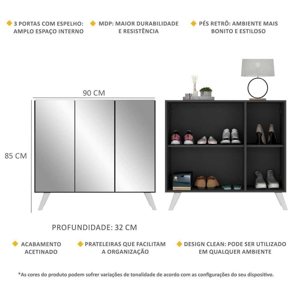 Sapateira Retrô Com Espelho 3 Portas Mp6022 Preta Branca - 5