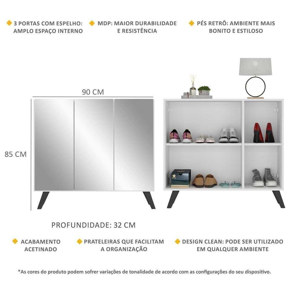 Sapateira Retrô Com Espelho 3 Portas Mp6022 Branca Preta - 5