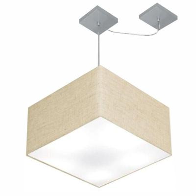 Lustre Pendente Quadrado Com Desvio De Centro Vivare Md-4271 Cúpula Em Tecido 40x40cm - Bivolt Rustico-bege 127/220v