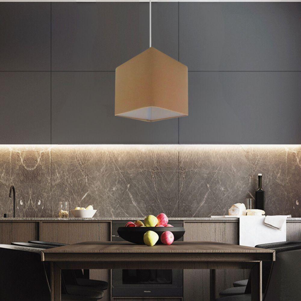 Lustre Pendente Quadrado Vivare Md-4223 Cúpula Em Tecido 15/13x13cm - Bivolt Palha 127/220v - 3