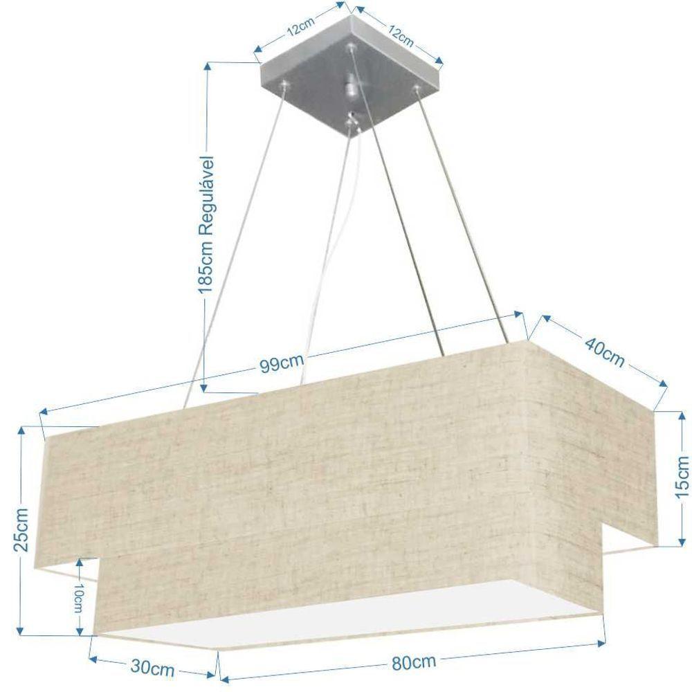 Lustre Pendente Duplo Retangular Vivare Md-4322 Cúpula Em Tecido 99x40cm X 80x30cm - Bivolt Rustico-bege 127/220v - 2