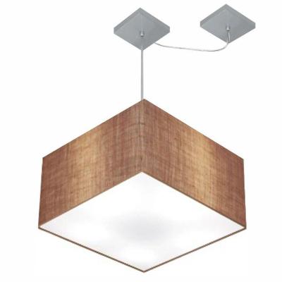 Lustre Pendente Quadrado Com Desvio De Centro Vivare Md-4270 Cúpula Em Tecido 35x35cm - Bivolt Palha 127/220v