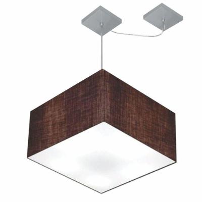 Lustre Pendente Quadrado Com Desvio De Centro Vivare Md-4271 Cúpula Em Tecido 40x40cm - Bivolt Café 127/220v