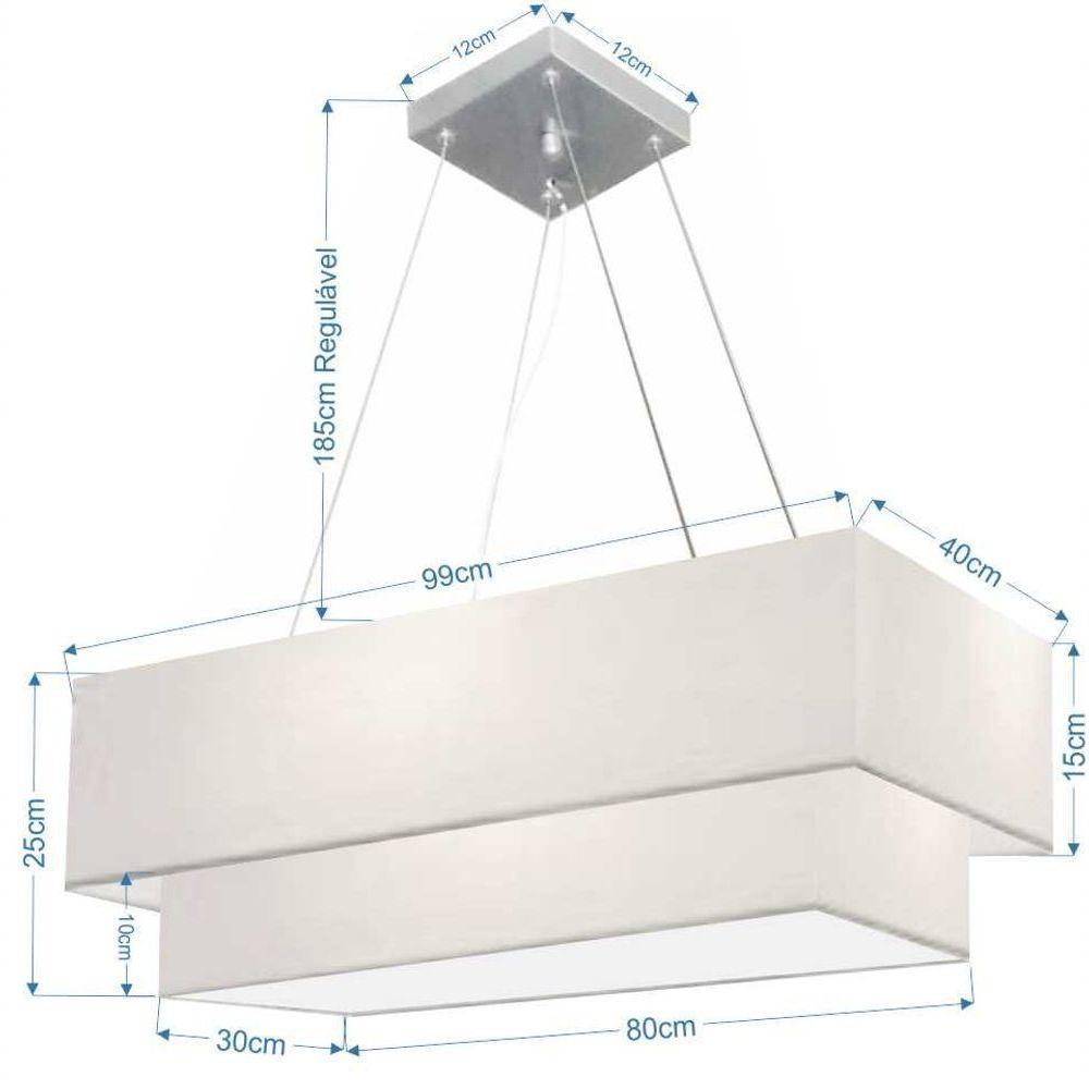 Lustre Pendente Duplo Retangular Vivare Md-4322 Cúpula Em Tecido 99x40cm X 80x30cm - Bivolt Branco 127/220v - 2