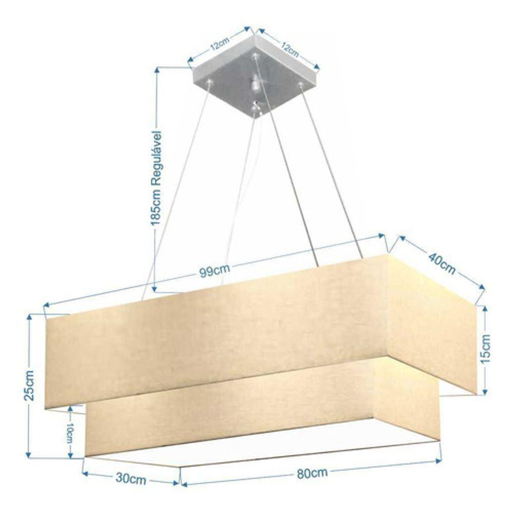 Lustre Pendente Duplo Retangular Vivare Md-4322 Cúpula Em Tecido 99x40cm X 80x30cm - Bivolt Algodão-crú 127/220v - 4