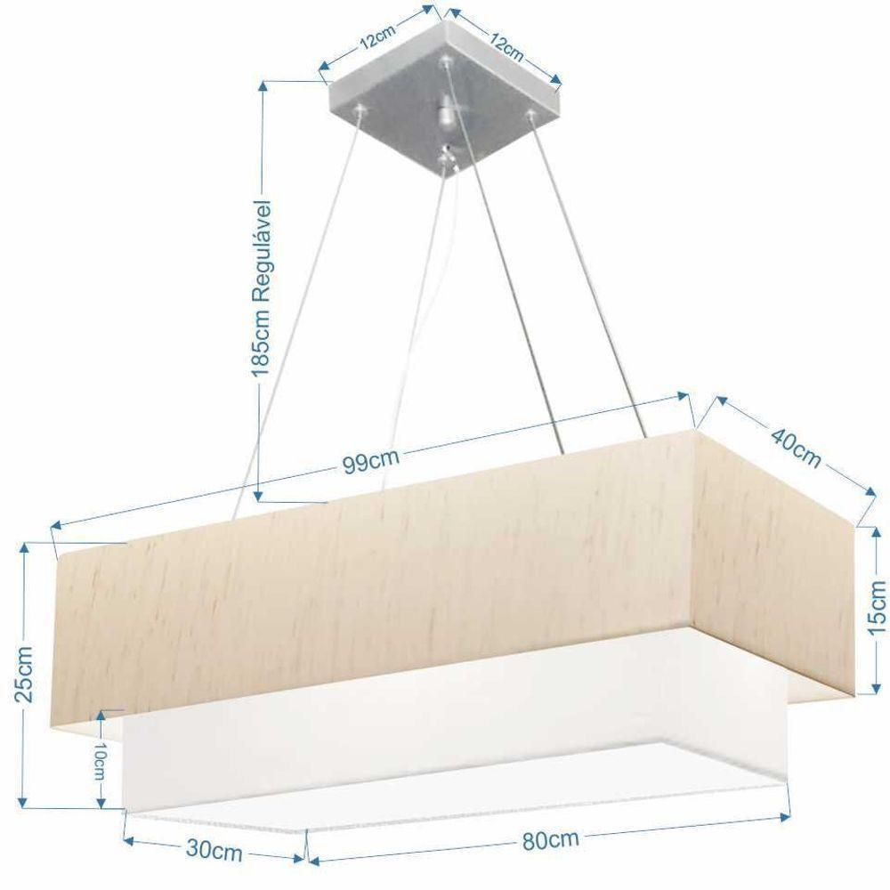 Lustre Pendente Duplo Retangular Vivare Md-4322 Cúpula Em Tecido 99x40cm X 80x30cm - Bivolt Linho-bege-branco 127/220v - 2