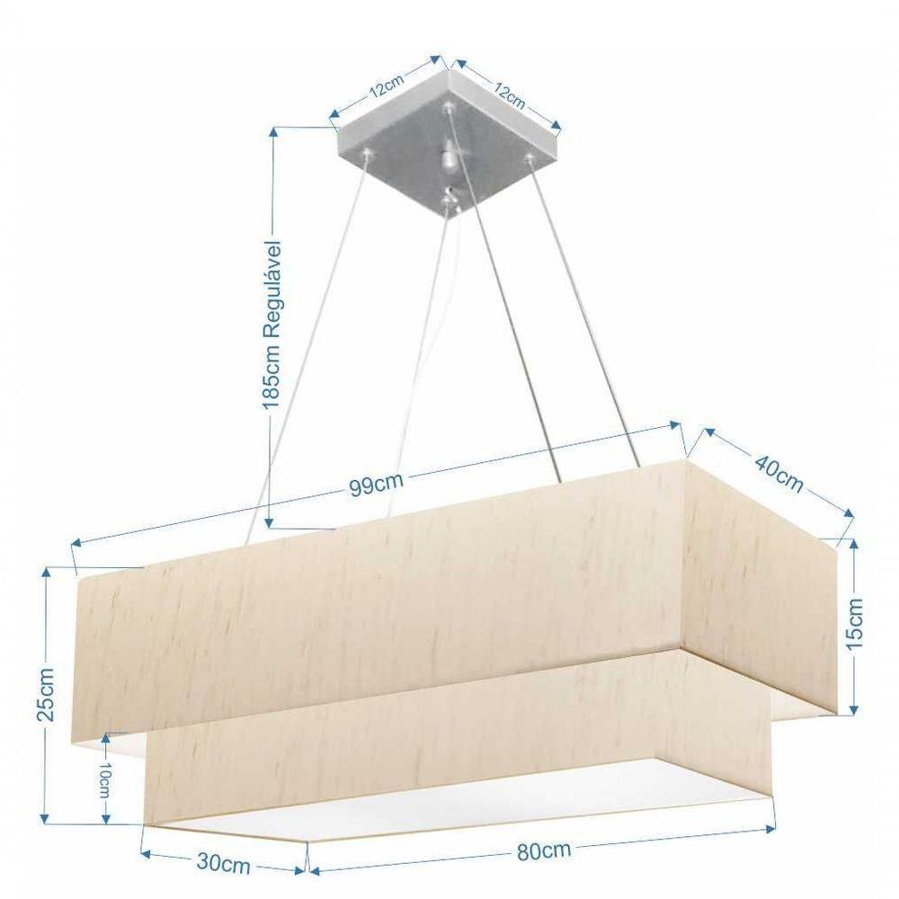Lustre Pendente Duplo Retangular Vivare Md-4322 Cúpula Em Tecido 99x40cm X 80x30cm - Bivolt Linho Bege 127/220v - 2