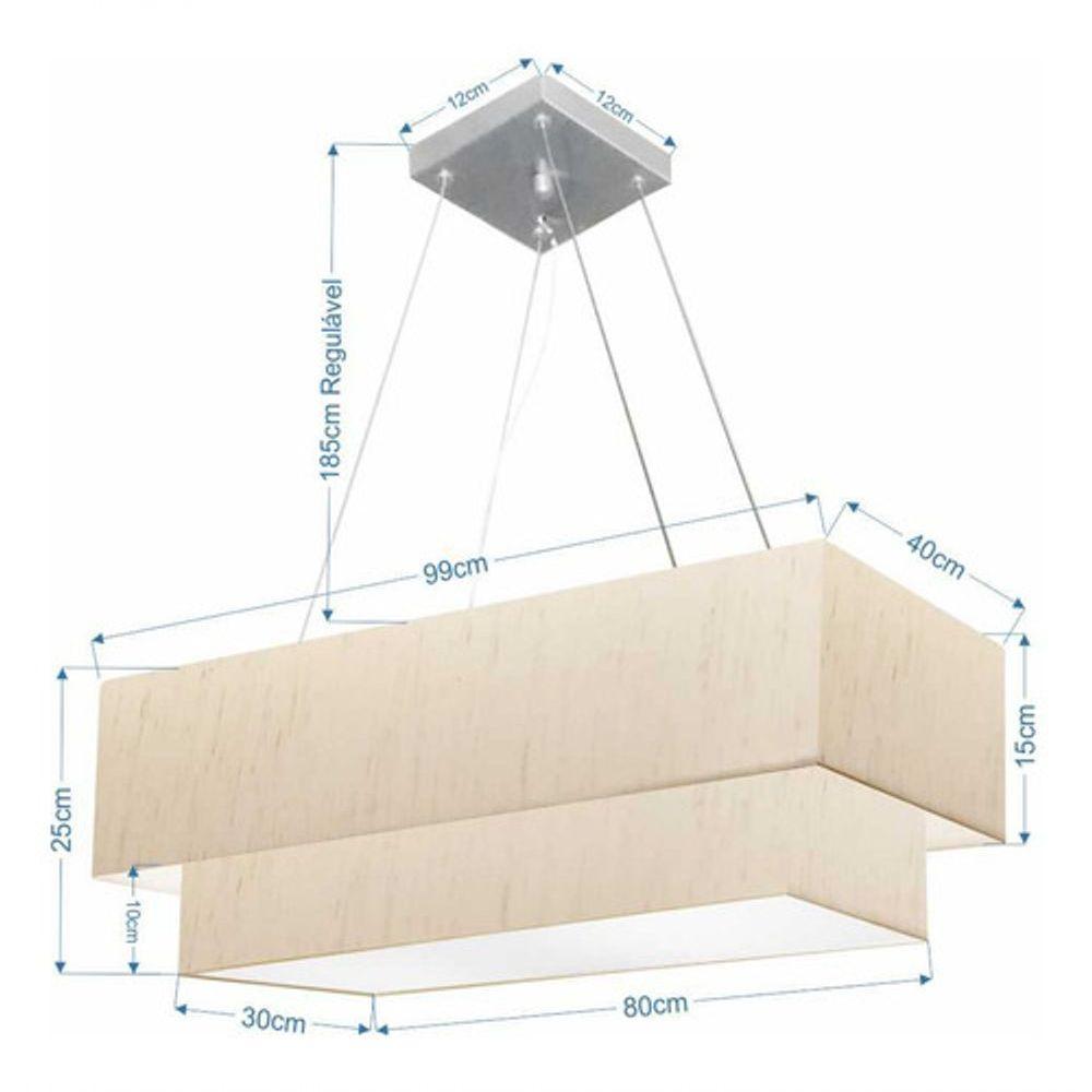 Lustre Pendente Duplo Retangular Vivare Md-4322 Cúpula Em Tecido 99x40cm X 80x30cm - Bivolt Linho Bege 127/220v - 4