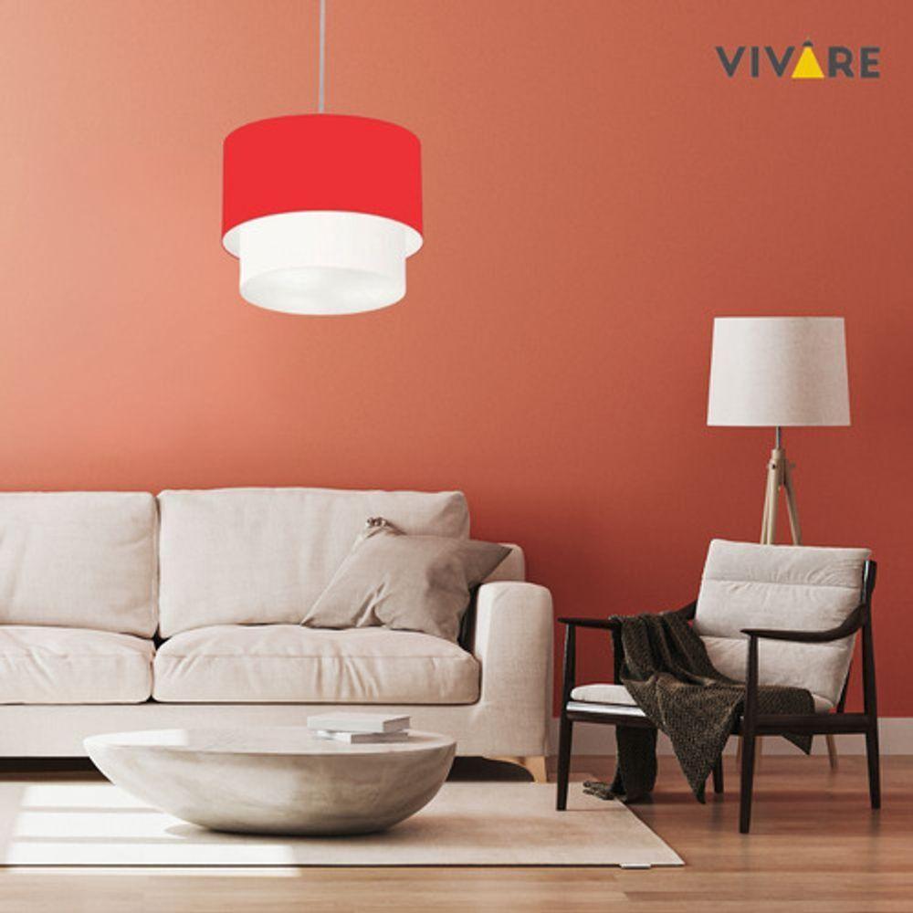 Lustres Pendentes Duplo Cilíndrico Vivare Md-4350 Cúpula Em Tecido 45x40cm - Bivolt Vermelho-branco 127/220v - 5