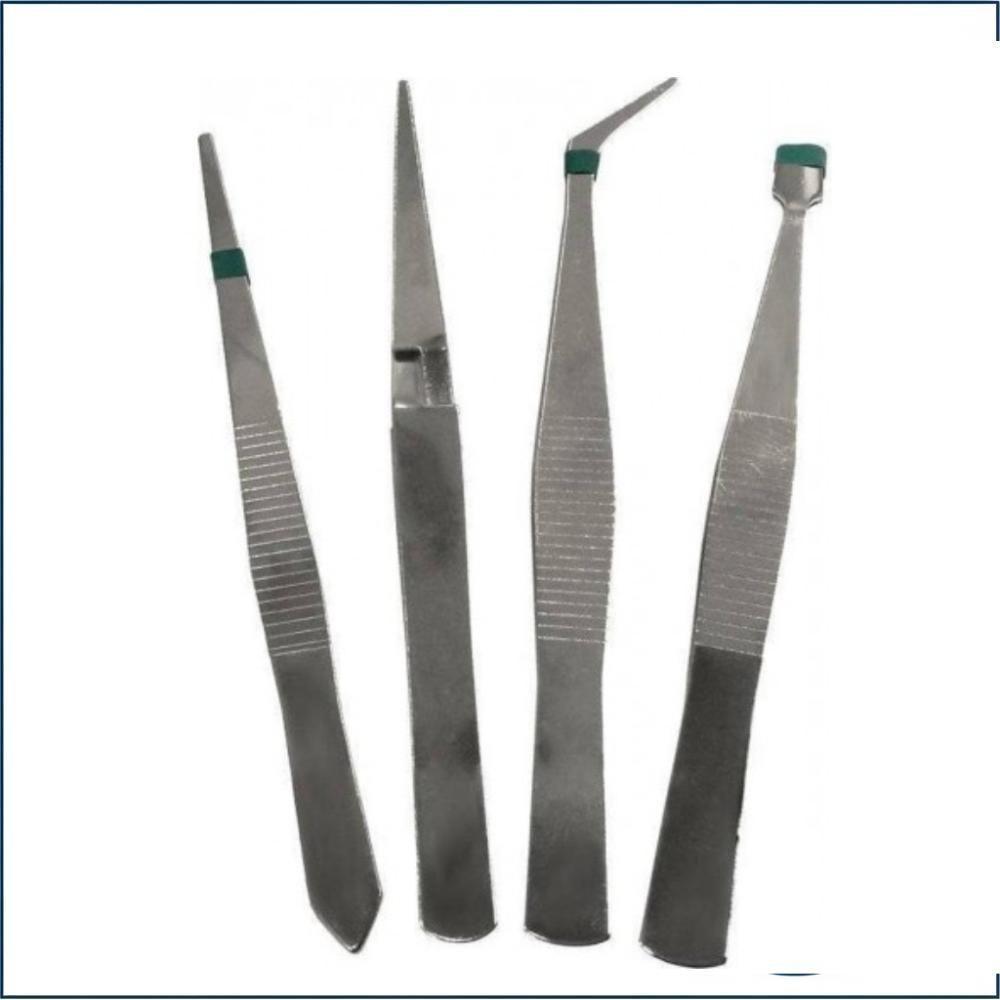 Kit Com 4 Pinças De Precisão Em Aço Inox Ponta Fina, Curva E Reta Para Eletrônica E Artesanato - 4