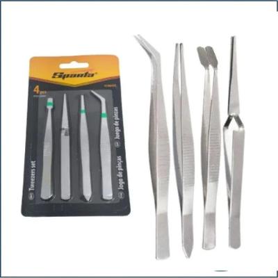 Kit Com 4 Pinças De Precisão Em Aço Inox Ponta Fina, Curva E Reta Para Eletrônica E Artesanato