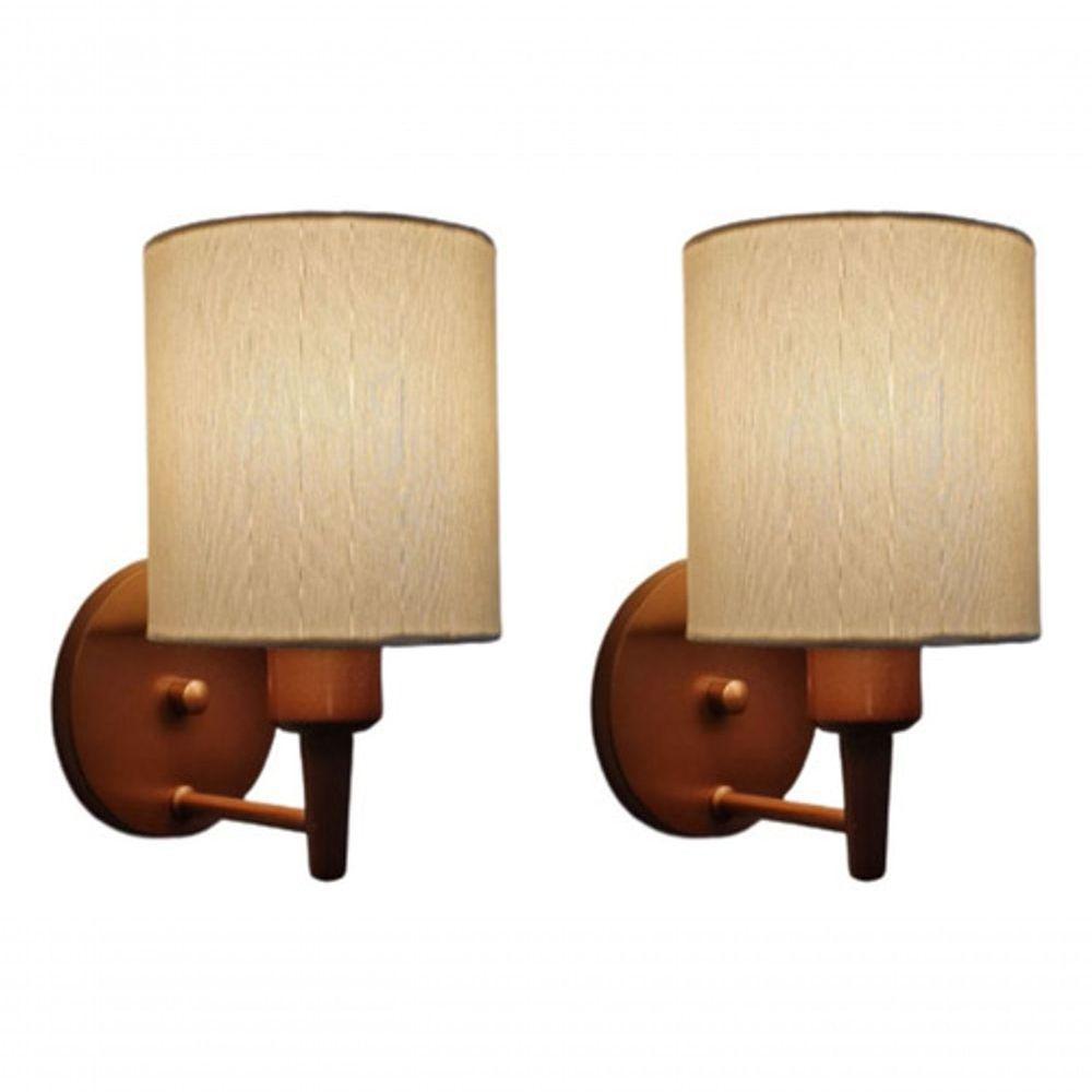 Kit-2 Arandela Cilíndrica Md-2009 Base Cobre Cúpula Em Tecido 14x15cm Algodão Crú - Bivolt - 5