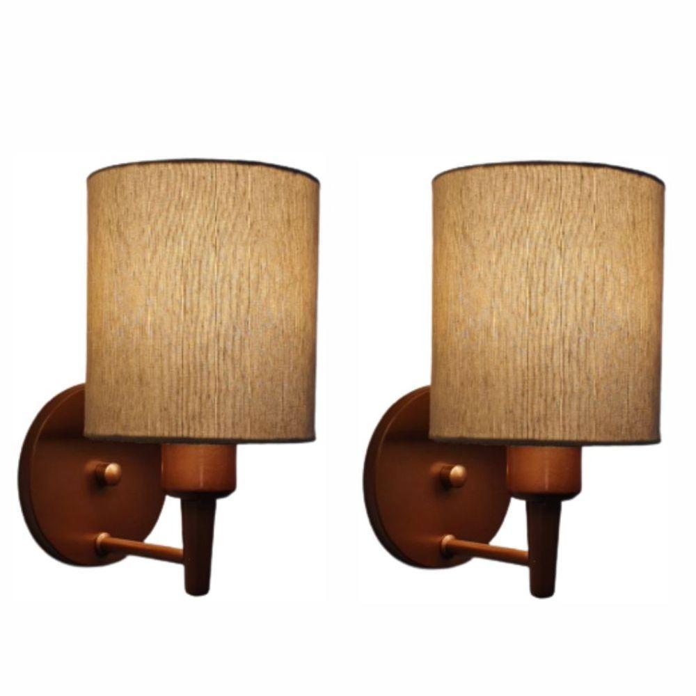 Kit-2 Arandela Cilíndrica Md-2009 Base Cobre Cúpula Em Tecido 14x15cm Palha - Bivolt - 1