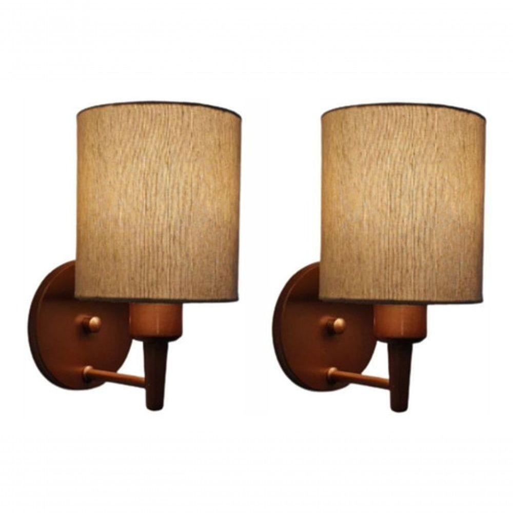 Kit-2 Arandela Cilíndrica Md-2009 Base Cobre Cúpula Em Tecido 14x15cm Palha - Bivolt - 5