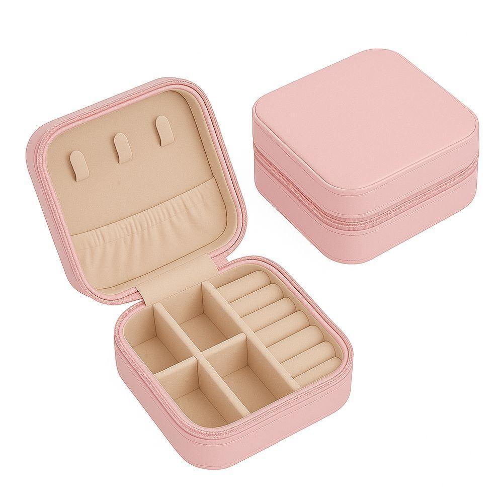 Porta-joias De Viagem Compacto Com Zíper – Couro Sintético, Compartimentos Para Anéis, Colares E Brincos Rosa Claro - 1