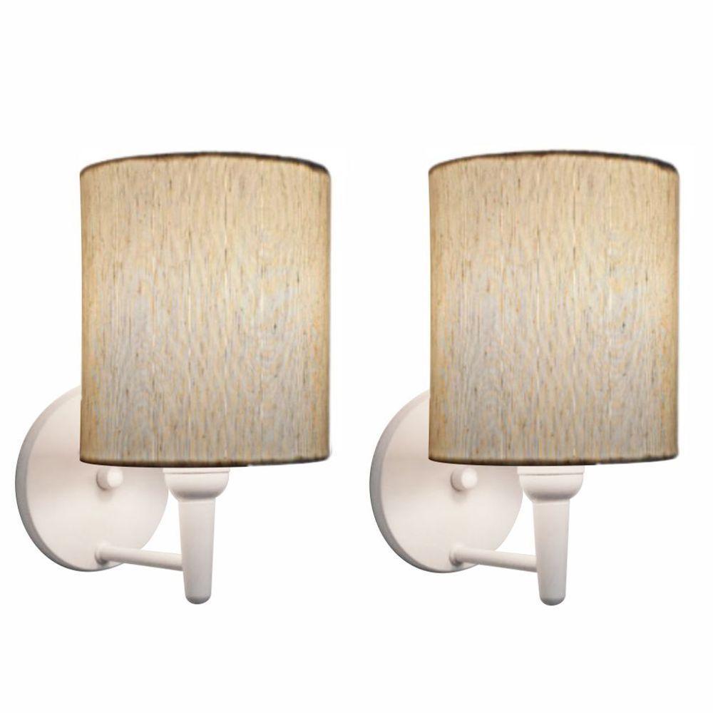 Kit-2 Arandela Cilíndrica Md-2009 Base Branco Cúpula Em Tecido 14x15cm Linho Bege - Bivolt - 1