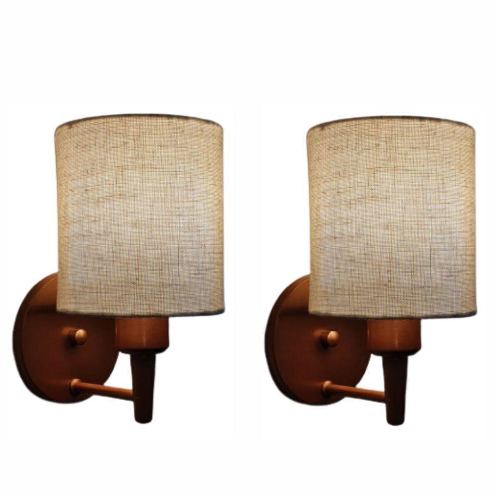 Kit-2 Arandela Cilíndrica Md-2009 Base Cobre Cúpula Em Tecido 14x15cm Rustico Bege - Bivolt - 1