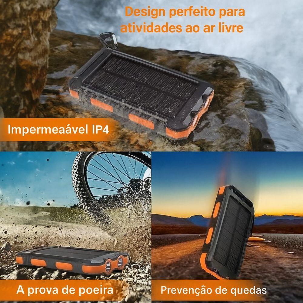 Power Bank Solar 10000mah Com Lanterna Led Sos – Carregador Portátil Usb à Prova De Respingo, Quedas E Poeira - Laranja - 3