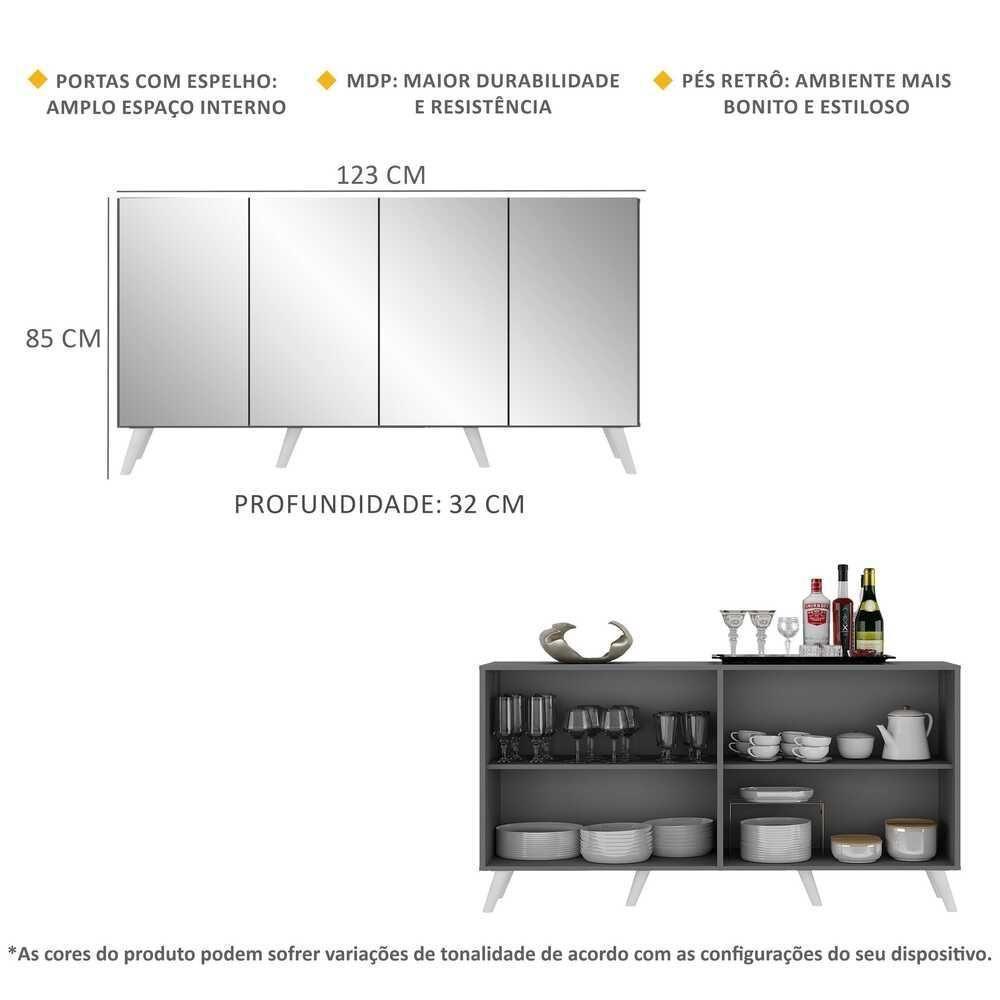 Aparador Buffet 4 Portas Com Espelho e Pés Grafite Branco - 6