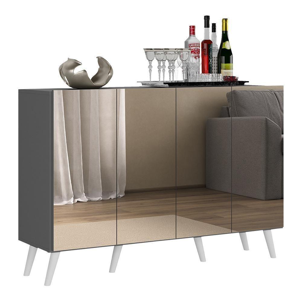 Aparador Buffet 4 Portas Com Espelho e Pés Grafite Branco - 7