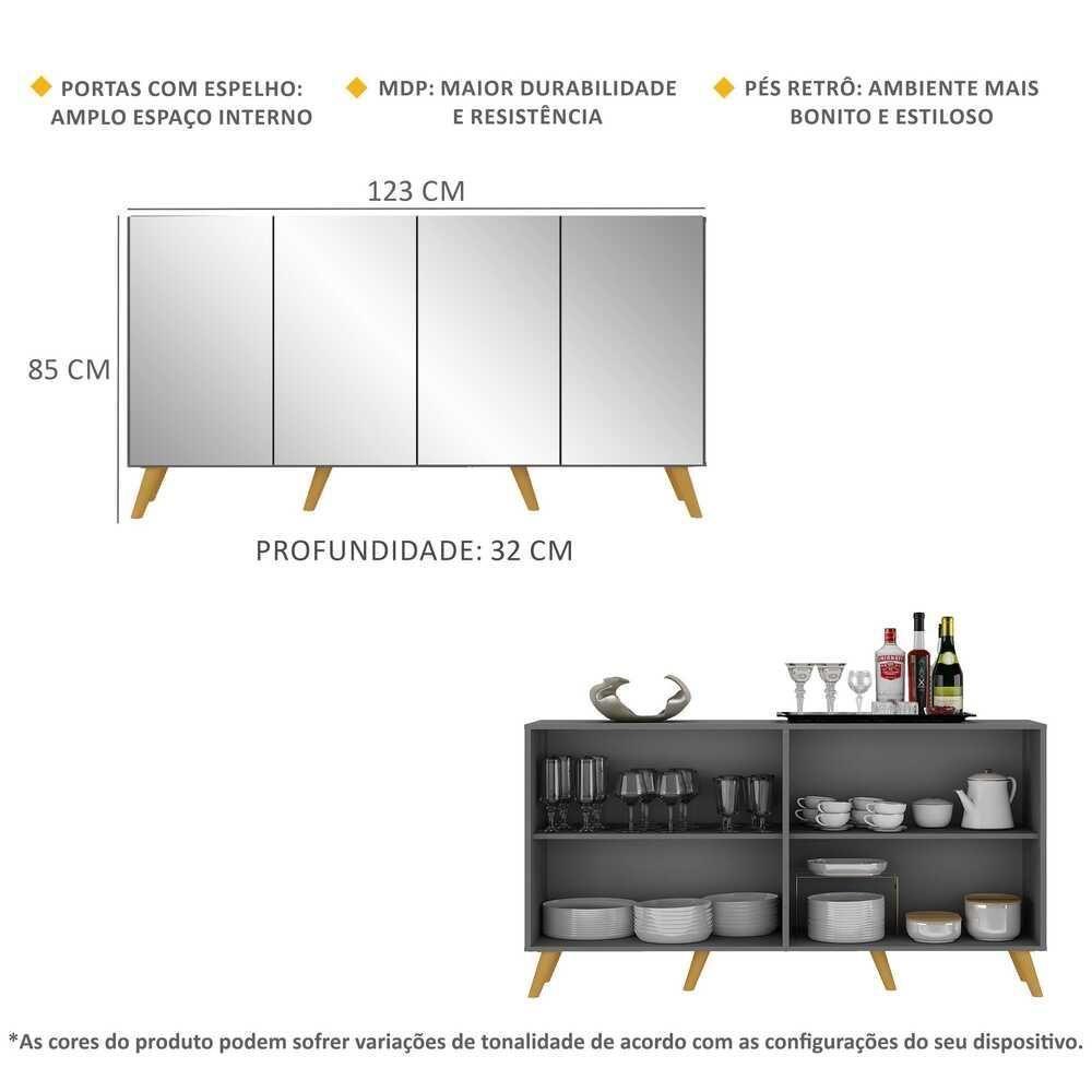 Aparador Buffet 4 Portas Com Espelho e Pés Grafite Natural - 6