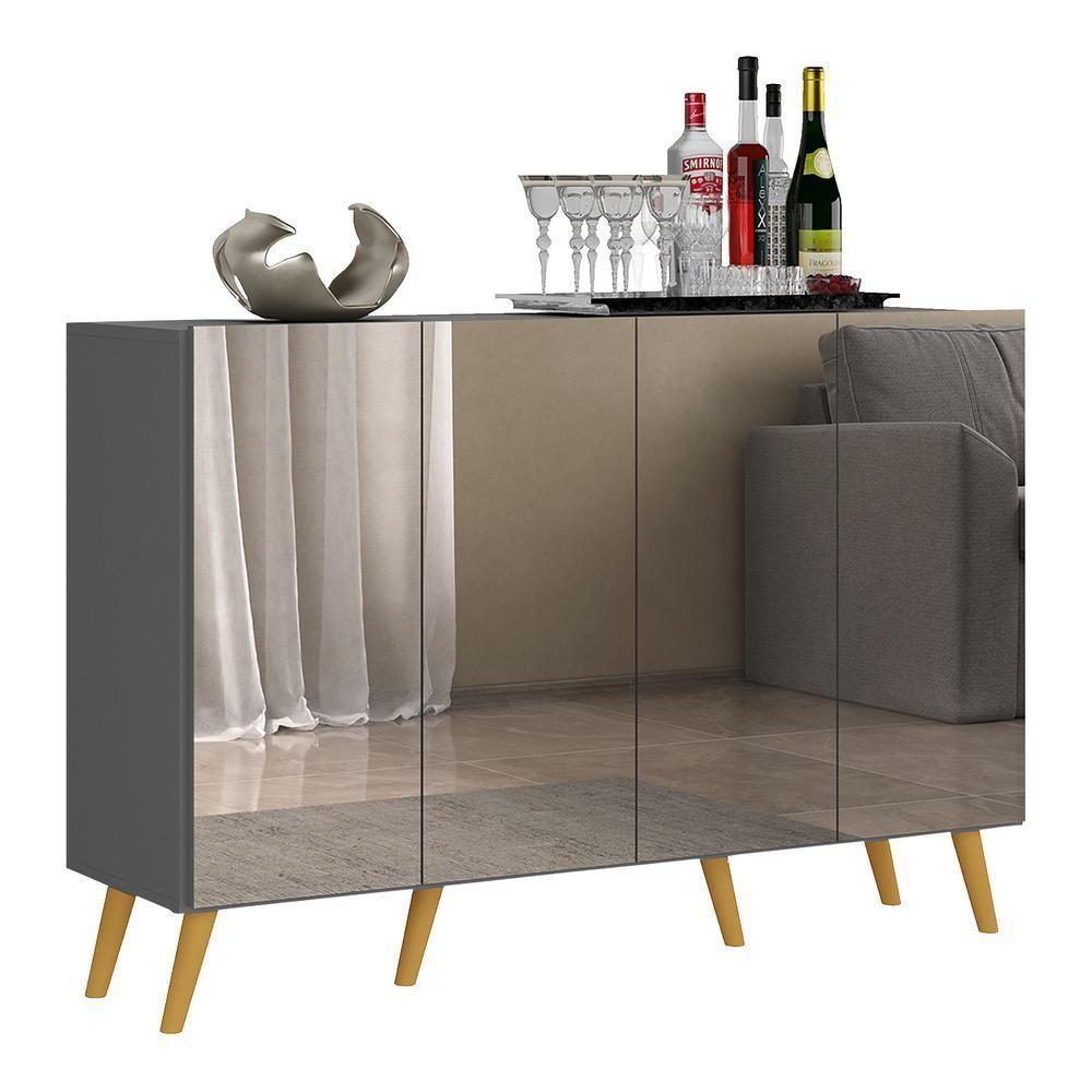 Aparador Buffet 4 Portas Com Espelho e Pés Grafite Natural - 7