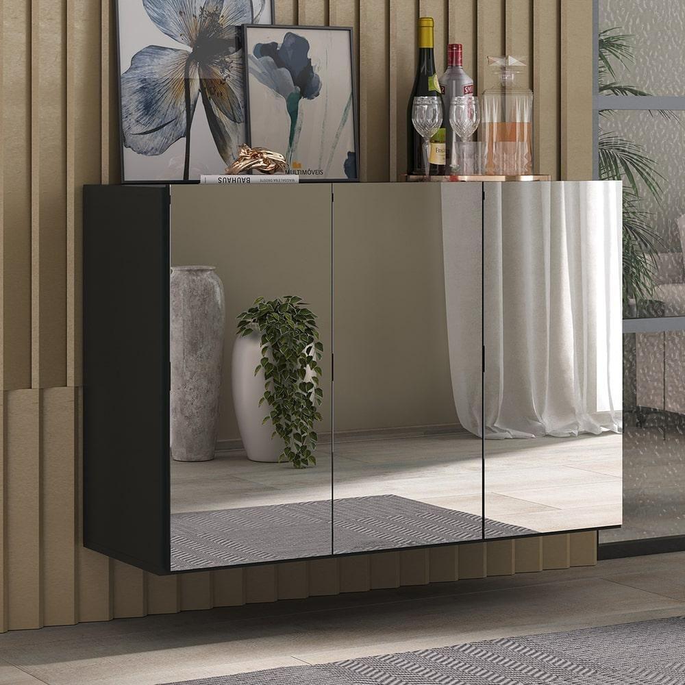 Aparador Buffet 3 Portas Com Espelho Suspenso Mp1012 Preto - 1