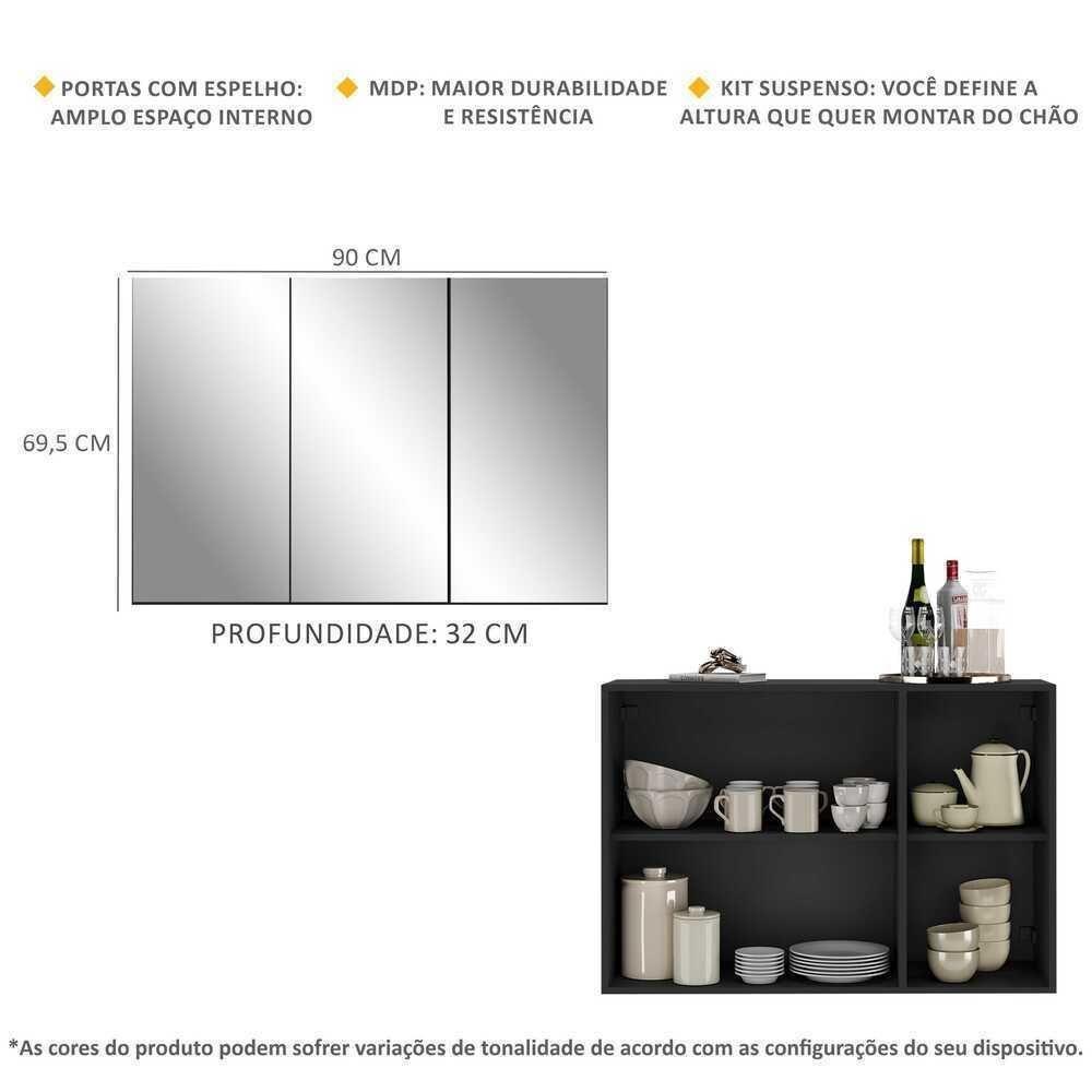 Aparador Buffet 3 Portas Com Espelho Suspenso Mp1012 Preto - 5