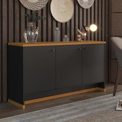 Buffet Aparador 3 Portas 136cm Com Tampo 25mm Verbena - Preto E Naturale