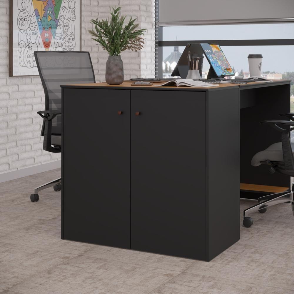 Buffet Aparador Compacto Com 2 Portas 77cm Escritório Tech - Preto E Cedro - 1