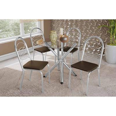 Sala De Jantar Completa Volga C/ Tampo De Vidro 95cm E 4 Cadeiras Holanda Cromada - Courano Marrom - Kappesberg