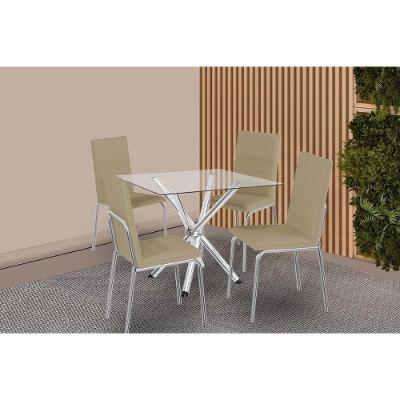 Sala De Jantar Completa Volga C/ Tampo De Vidro 90cm E 4 Cadeiras Amsterdã Cromada - Courano Capuccino - Kappesberg