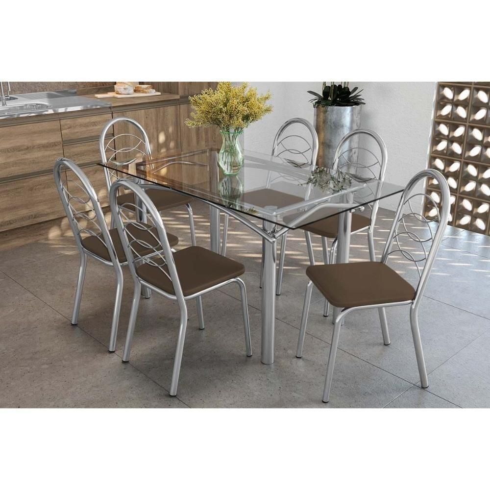 Sala De Jantar Completa Elba C/ Tampo De Vidro 150cm E 6 Cadeiras Holanda Cromada - Courano Marrom - Kappesberg - 1