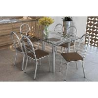 Sala De Jantar Completa Elba C/ Tampo De Vidro 150cm E 6 Cadeiras Holanda Cromada - Courano Marrom - Kappesberg - 1