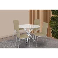 Sala De Jantar Completa Volga C/ Tampo De Vidro 95cm E 4 Cadeiras Amsterdã Cromada - Courano Capuccino - Kappesberg - 1