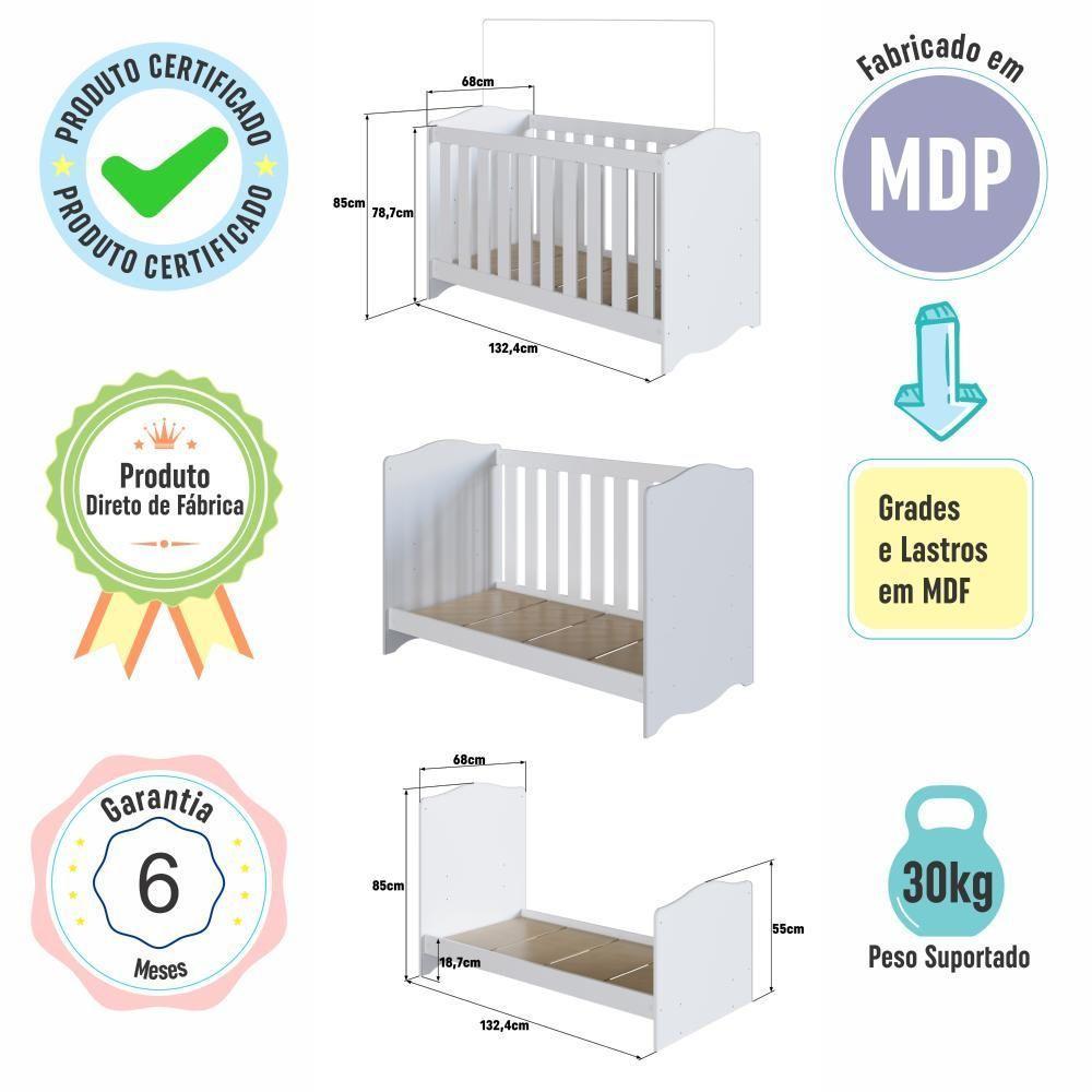 Berço Infantil Cama 3 Em 1 Multifuncional Com Regulagem De Altura E Grade Em Mdf Quarto De Bebê Branco - 6