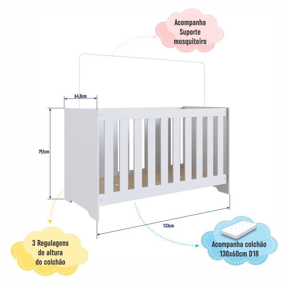 Berço Infantil Cama 3 Em 1 Multifuncional 133cm Com Colchão, Regulagem De Altura E Grade Em Mdf Quarto De Bebê Branco - 3