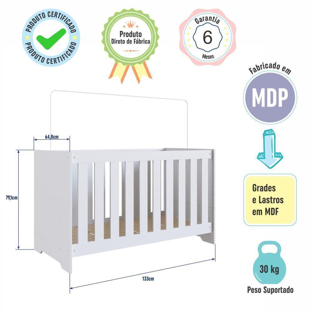Berço Infantil Cama 3 Em 1 Multifuncional 133cm Com Colchão, Regulagem De Altura E Grade Em Mdf Quarto De Bebê Branco - 4