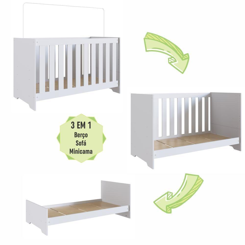 Berço Infantil Cama 3 Em 1 Multifuncional 133cm Com Colchão, Regulagem De Altura E Grade Em Mdf Quarto De Bebê Branco - 8