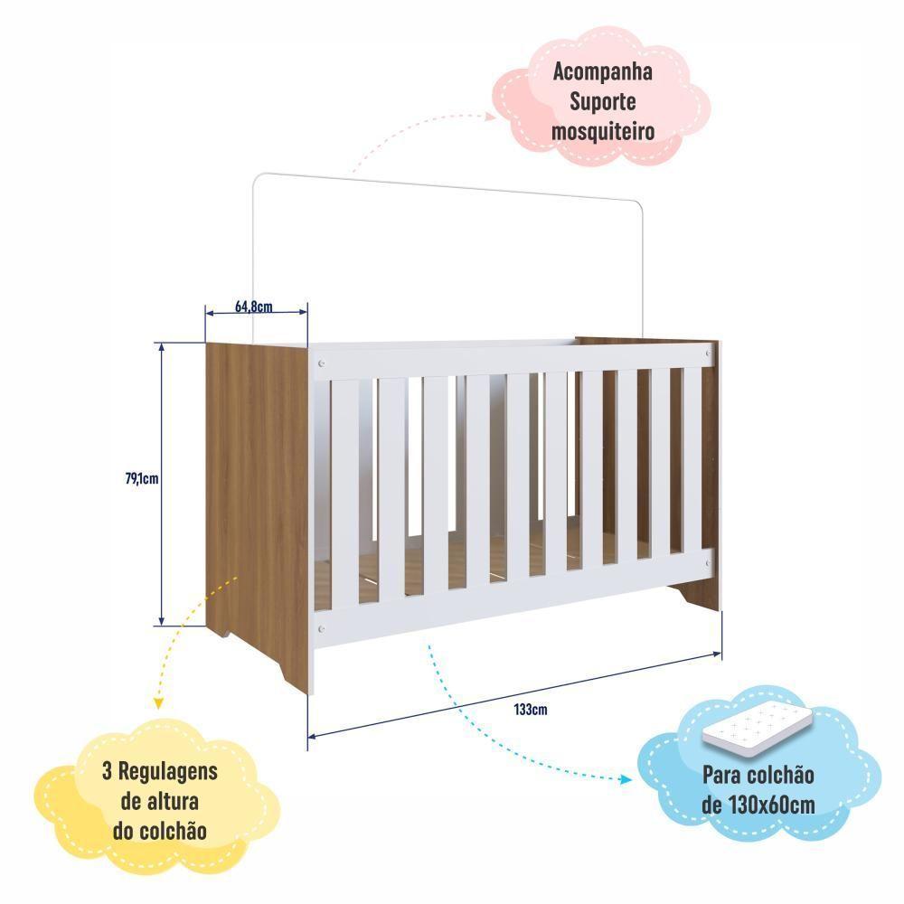 Berço Infantil Cama 3 Em 1 Multifuncional 133cm Com Regulagem De Altura E Grade Em Mdf Quarto De Bebê Nogal Com Branco - 3