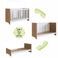 Berço Infantil Cama 3 Em 1 Multifuncional 133cm Com Regulagem De Altura E Grade Em Mdf Quarto De Bebê Nogal Com Branco - 8