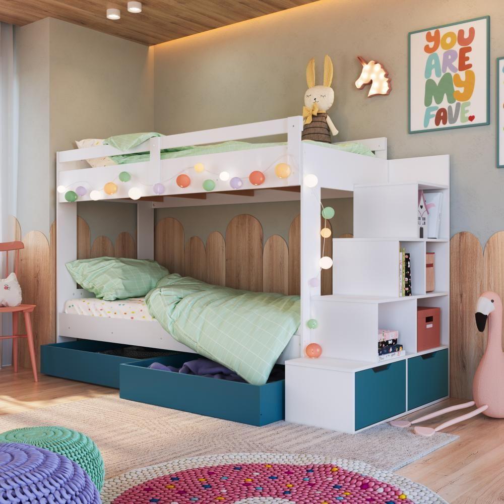 Cama Beliche Infantil Bicama Menino Menina 2,32m Com Escada, Nichos E Gavetas Com Rodas Branco Com Azul - 1