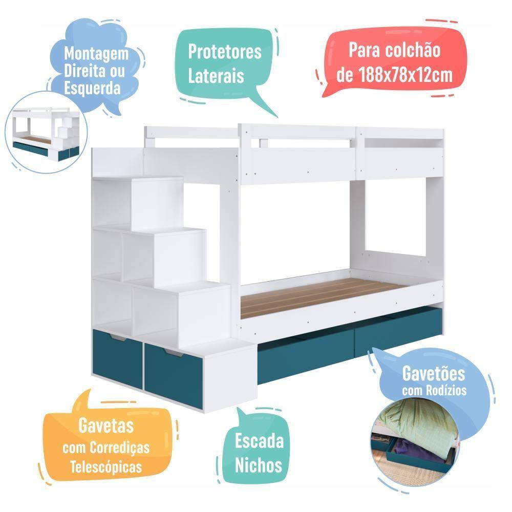 Cama Beliche Infantil Bicama Menino Menina 2,32m Com Escada, Nichos E Gavetas Com Rodas Branco Com Azul - 4